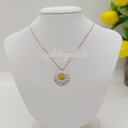 Ayrık Yapraklı 925 Ayar Gümüş Büyük Papatya Kolye (Rose Rengi)