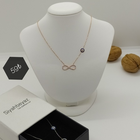 Rose Rengi Nazar Boncuklu  Sonsuzluk 925 Ayar Gümüş Kolye