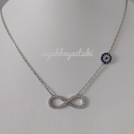 Gümüş Rengi Nazar Boncuklu  Sonsuzluk 925 Ayar Gümüş Kolye