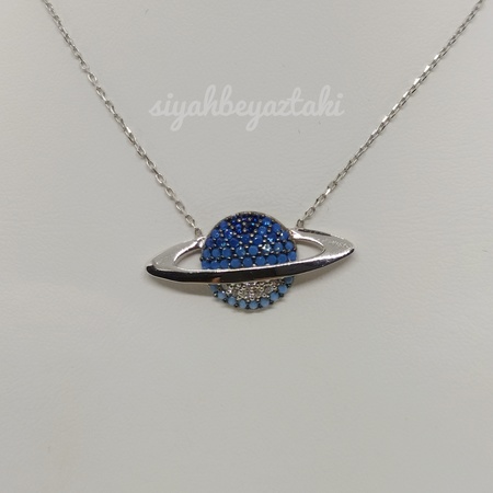 Gümüş Renkli Saturn Halkası Gezegen Taşlı Kolye 