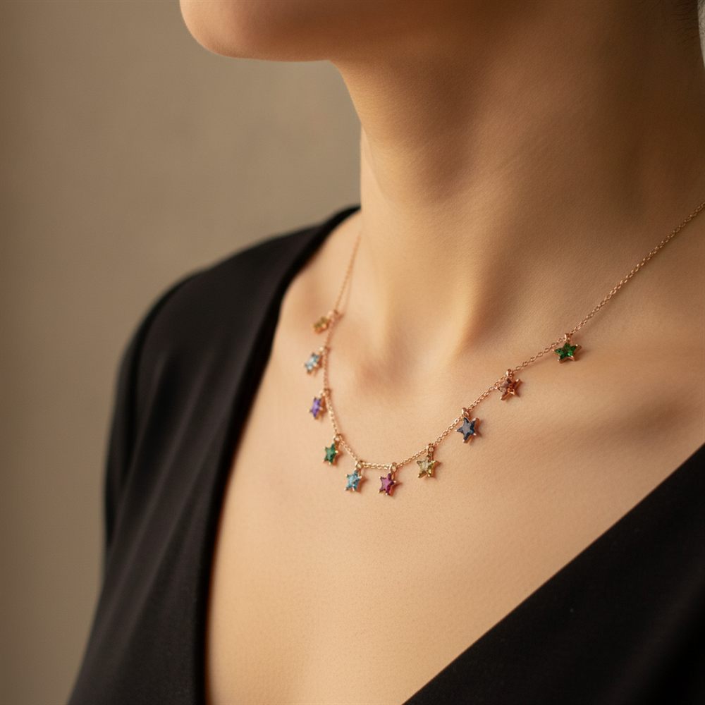 Renkli Yıldızlı Sıralı Kolye (Rose Rengi)