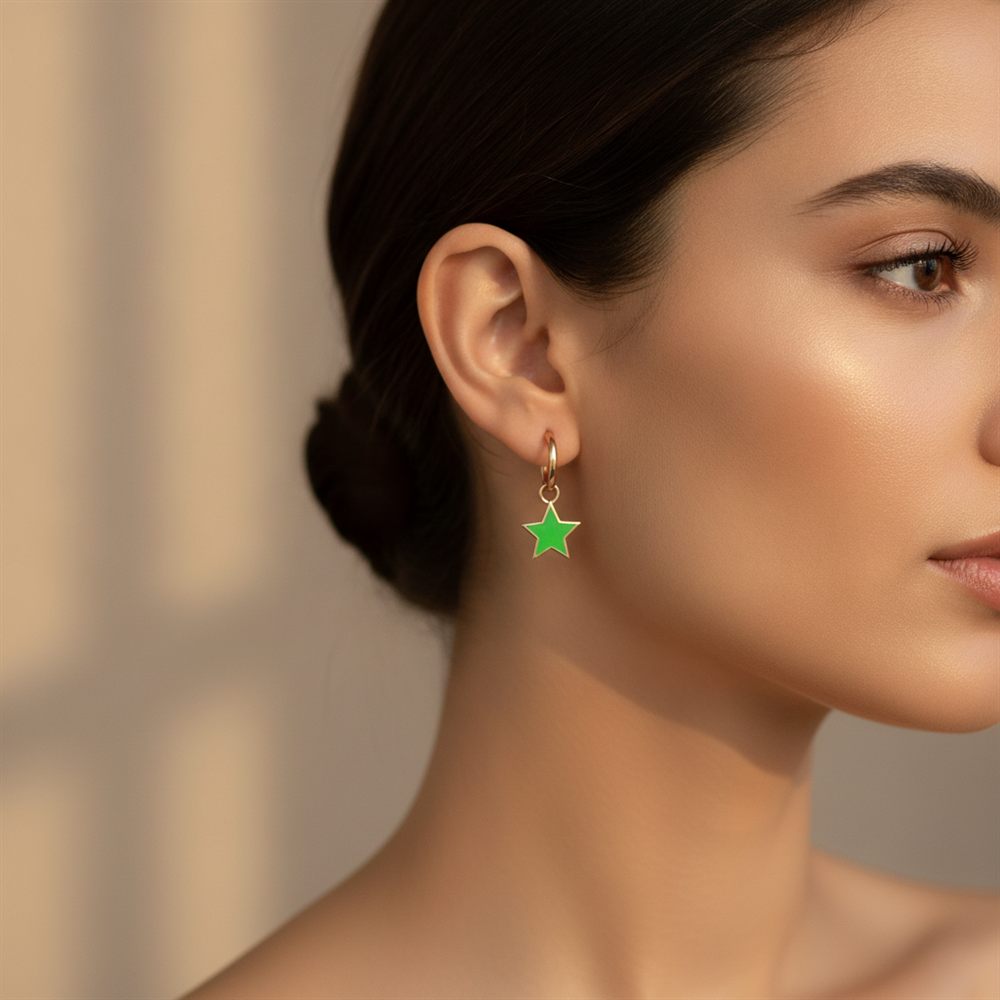 Yıldızlı Yeşil Neon Parlak Küpe (Rose Rengi)