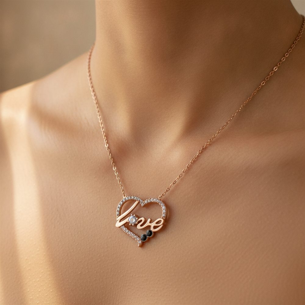 Rose Rengi Aşk Kalpli Kolye 925 Ayar Gümüş Kolye-2