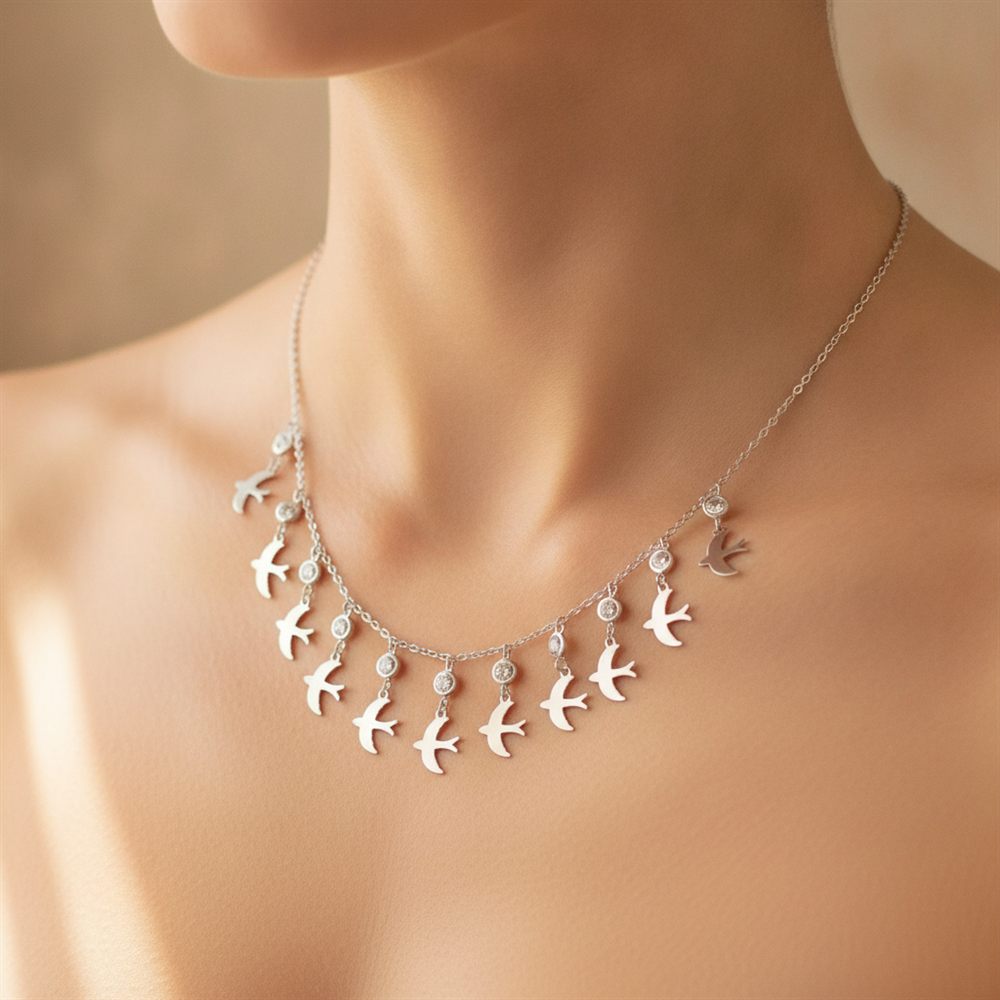Göç Eden Kuşlar Sıralı Kolye(Rose Rengi)