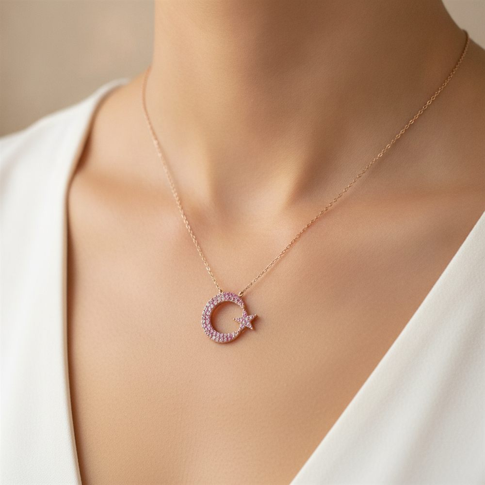 Ay-Yıldız  Parlak Taşlı Kolye (Rose Rengi)