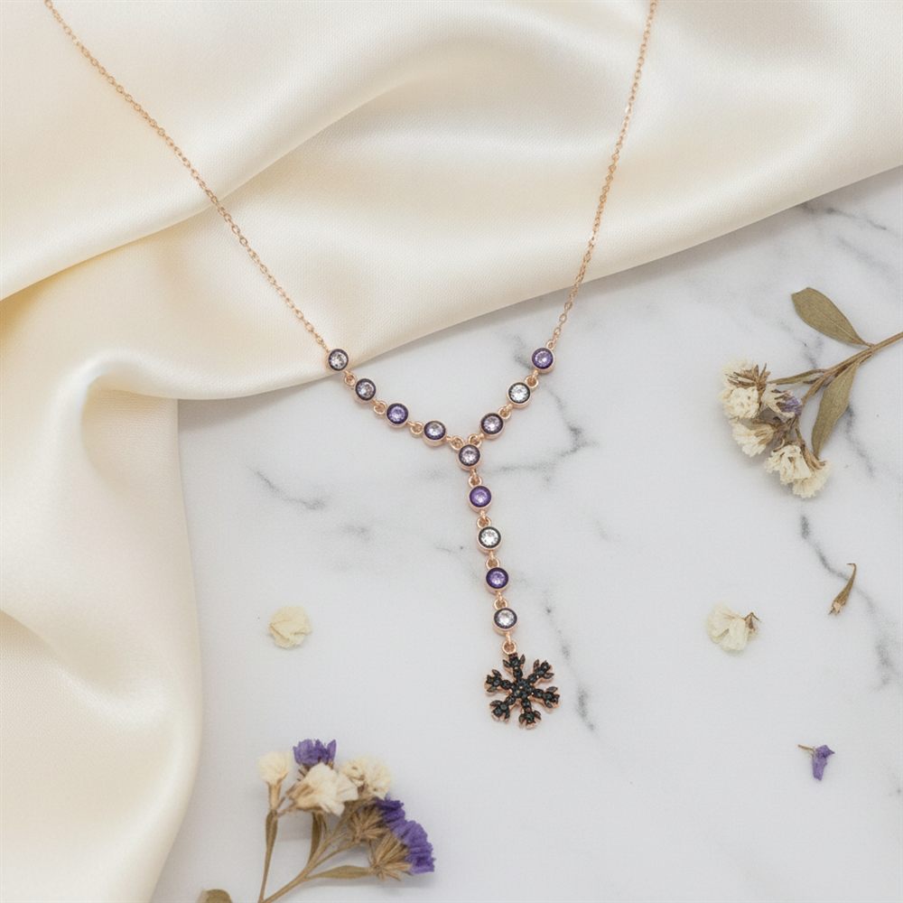 Kartanesi Sıralı Siyah Taşlı Kolye (Rose Rengi)