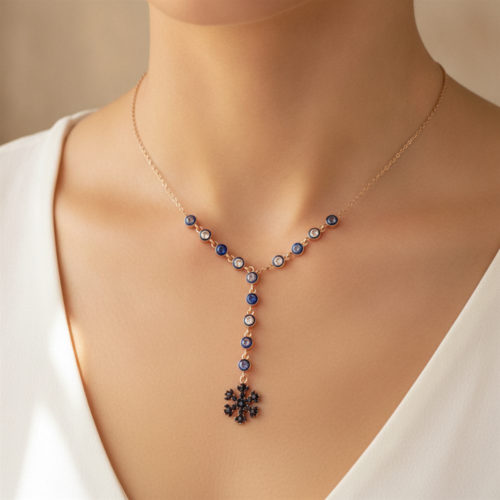 Kartanesi Sıralı Siyah Taşlı Kolye (Rose Rengi)