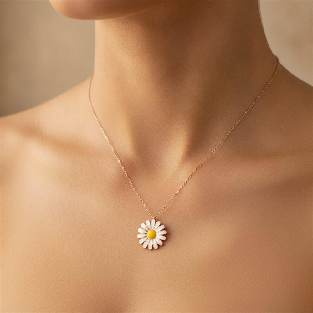 Ayrık Yapraklı Büyük Papatya Kolye (Rose Rengi)
