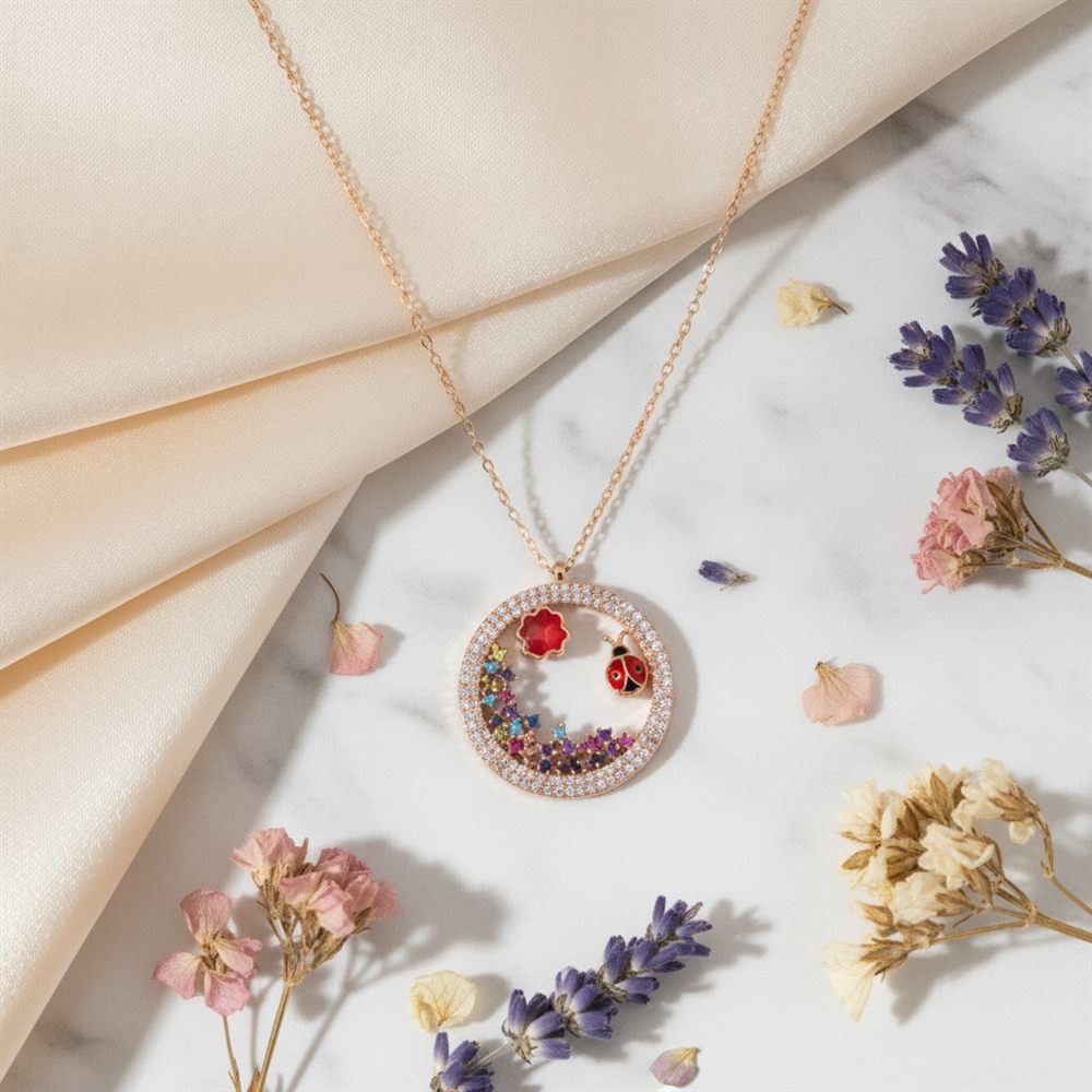 Doğa Büyük Yuvarlak Taşlı Kolye (Rose Rengi)