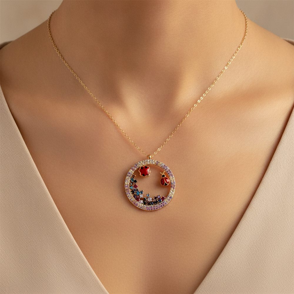 Doğa Büyük Yuvarlak Taşlı Kolye (Rose Rengi)