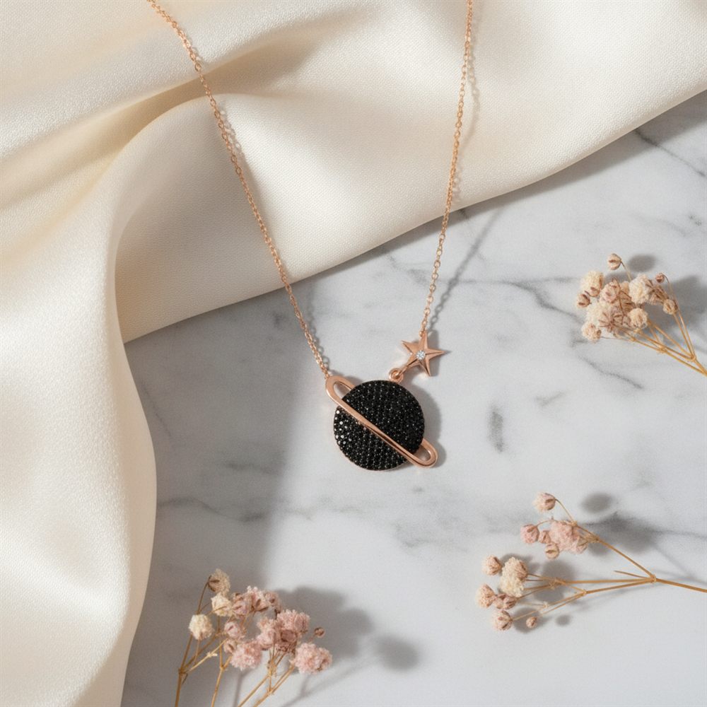 Siyah Yıldızlı Gezegen Kolye (Rose Rengi)-1