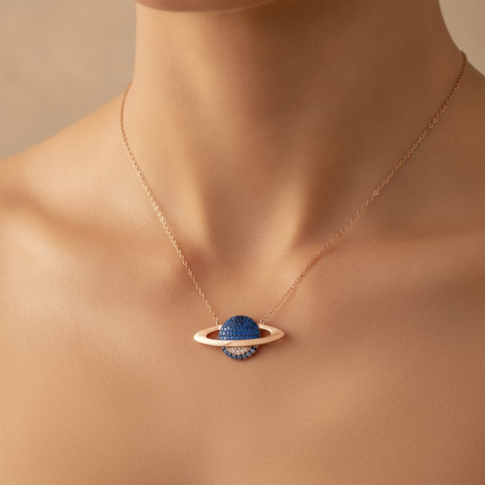 Saturn Halkası Gezegen Taşlı Kolye (Rose Rengi)-2