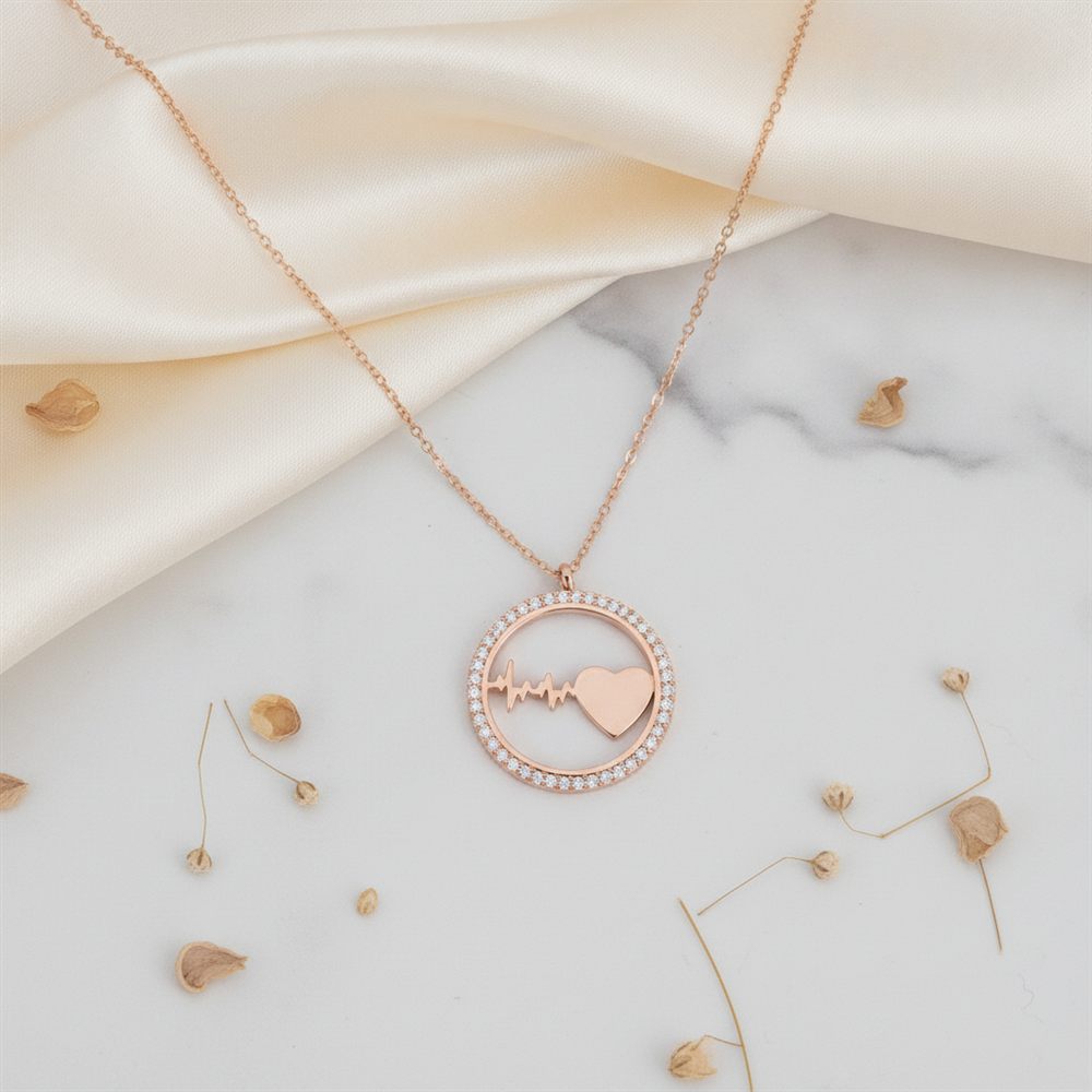 Kalpli Ritim Yuvarlak Taşlı Kolye (Rose Rengi)-1