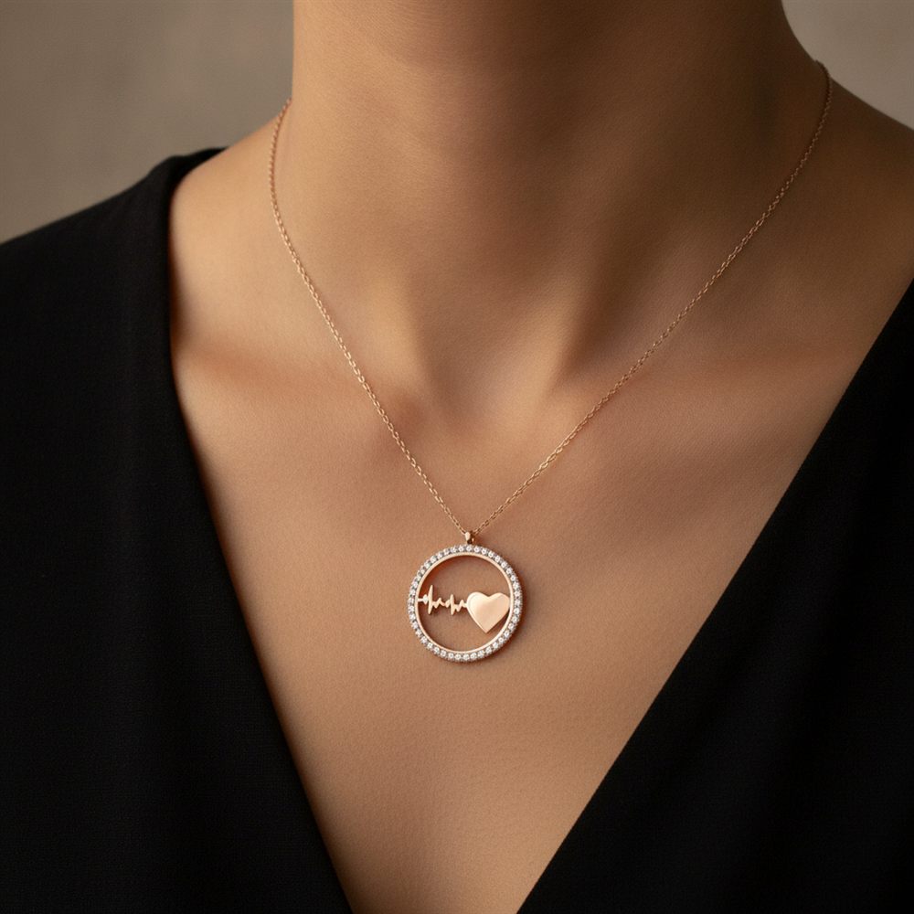 Kalpli Ritim Yuvarlak Taşlı Kolye (Rose Rengi)-2