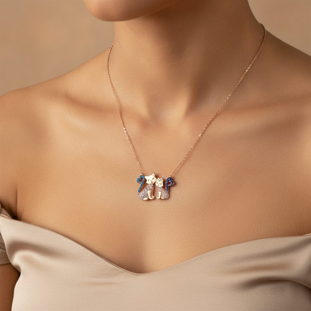 Taşlı Kedi Ve Yavrusu Kolye (Rose Rengi)-2