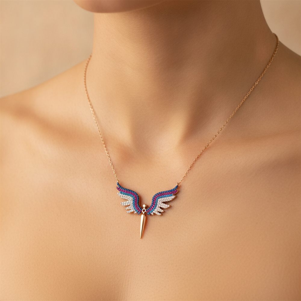 Beyaz Kanatlı Melek Kolye(Rose Rengi)-2