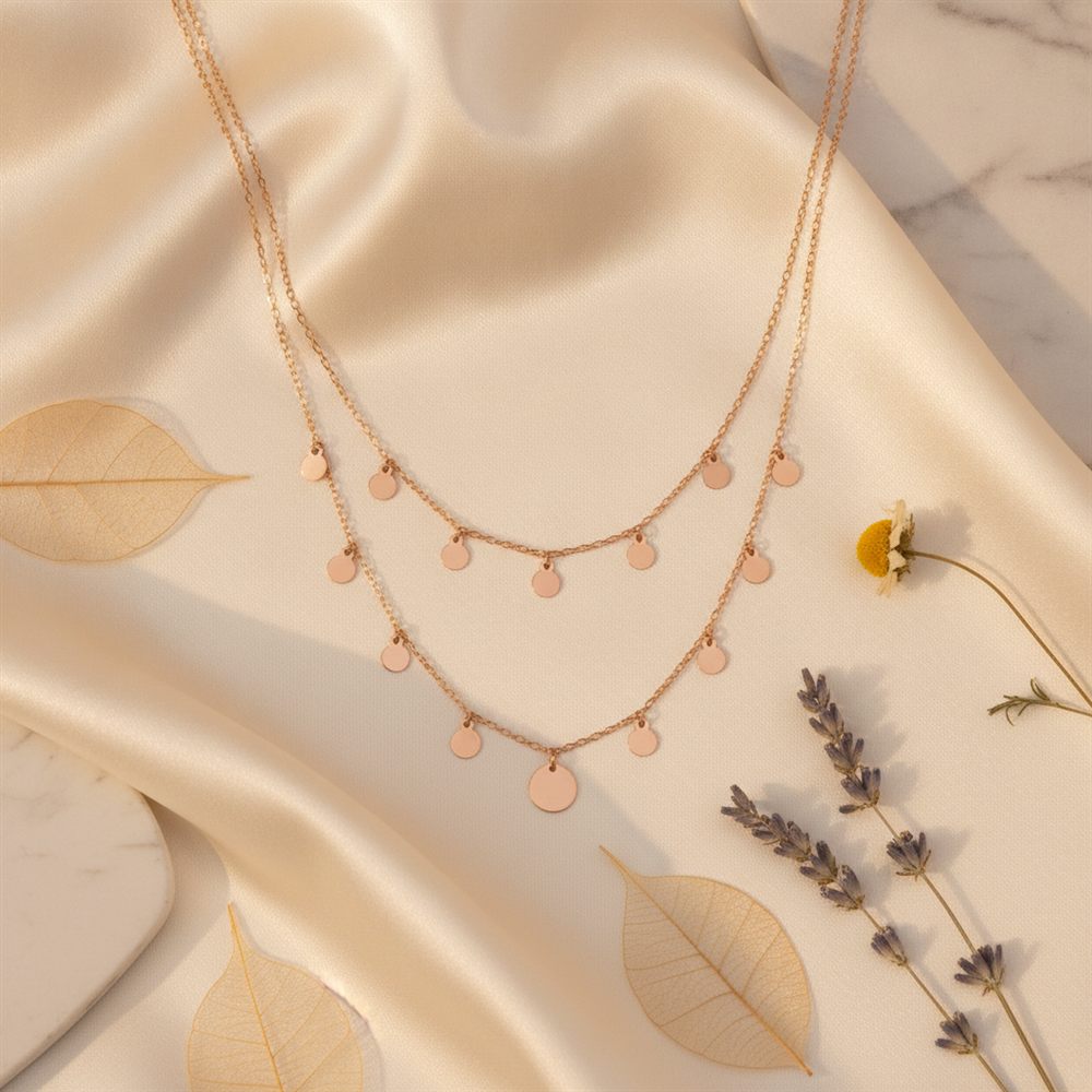 Çift Sıralı Pul Desenli Kolye (Rose Rengi)