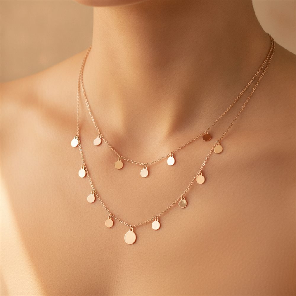 Çift Sıralı Pul Desenli Kolye (Rose Rengi)